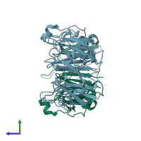 PDB entry 1zvt coloured by chain, side view.