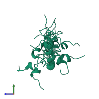 PDB entry 1zwb coloured by chain, ensemble of 10 models, side view.