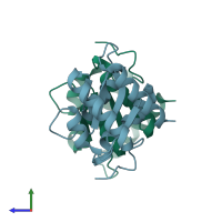 PDB entry 1zwz coloured by chain, side view.