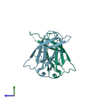 PDB entry 1zxk coloured by chain, side view.