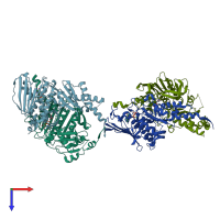 PDB entry 1zxn coloured by chain, top view.