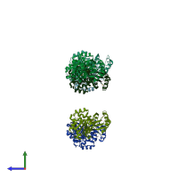 PDB entry 1zxo coloured by chain, side view.