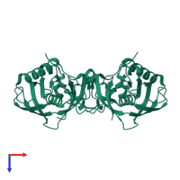 Homo dimeric assembly 1 of PDB entry 1zxz coloured by chemically distinct molecules, top view.