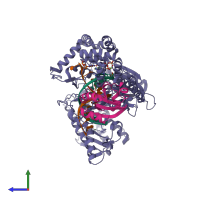 PDB entry 1zyq coloured by chain, side view.