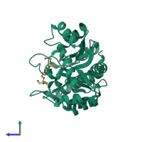 PDB entry 1zzm coloured by chain, side view.