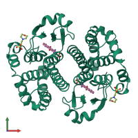 Homo dimeric assembly 1 of PDB entry 20gs coloured by chemically distinct molecules, front view.