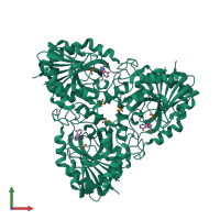 Homo trimeric assembly 1 of PDB entry 2a0w coloured by chemically distinct molecules, front view.