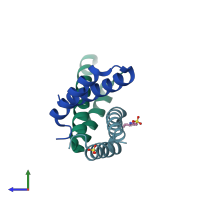 PDB entry 2a26 coloured by chain, side view.