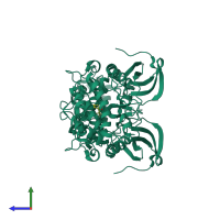 Homo dimeric assembly 2 of PDB entry 2a27 coloured by chemically distinct molecules, side view.