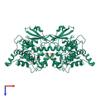 Homo dimeric assembly 2 of PDB entry 2a27 coloured by chemically distinct molecules, top view.