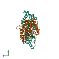 PDB entry 2a42 coloured by chain, side view.