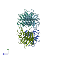 PDB entry 2a71 coloured by chain, side view.