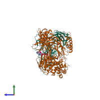 PDB entry 2a73 coloured by chain, side view.