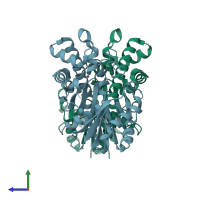 PDB entry 2aa4 coloured by chain, side view.