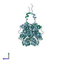 PDB entry 2aa5 coloured by chain, side view.