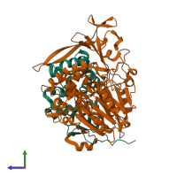 PDB entry 2ae4 coloured by chain, side view.