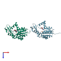 PDB entry 2ak3 coloured by chain, top view.