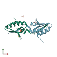 PDB entry 2ak7 coloured by chain, front view.