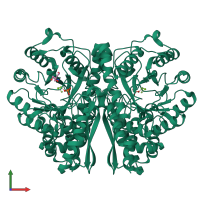 Homo dimeric assembly 1 of PDB entry 2akz coloured by chemically distinct molecules, front view.