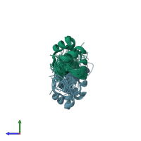 PDB entry 2aq0 coloured by chain, ensemble of 20 models, side view.