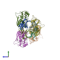 PDB entry 2aq1 coloured by chain, side view.