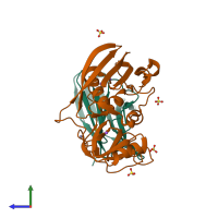 PDB entry 2aq2 coloured by chain, side view.