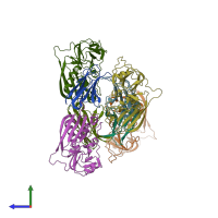 PDB entry 2aq3 coloured by chain, side view.