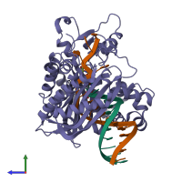 PDB entry 2aq4 coloured by chain, side view.