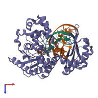 PDB entry 2aq4 coloured by chain, top view.
