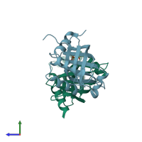 PDB entry 2aq6 coloured by chain, side view.