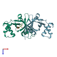 PDB entry 2aq6 coloured by chain, top view.