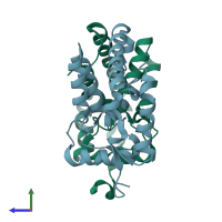 PDB entry 2aql coloured by chain, side view.