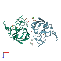 PDB entry 2aqp coloured by chain, top view.