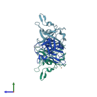 PDB entry 2aqq coloured by chain, side view.