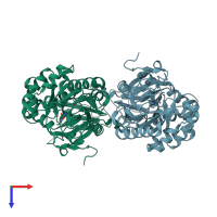 PDB entry 2aqv coloured by chain, top view.