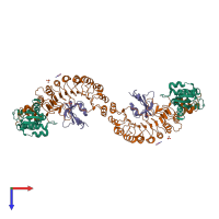 Hetero hexameric assembly 2 of PDB entry 2ass coloured by chemically distinct molecules, top view.