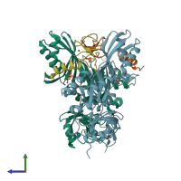 PDB entry 2aus coloured by chain, side view.