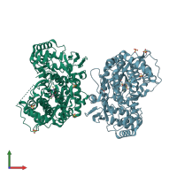 PDB entry 2ax1 coloured by chain, front view.