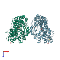 PDB entry 2ax1 coloured by chain, top view.