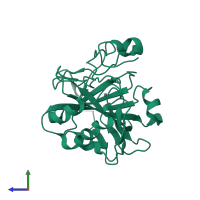 PDB entry 2ax2 coloured by chain, side view.