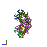 PDB entry 2axy coloured by chain, side view.