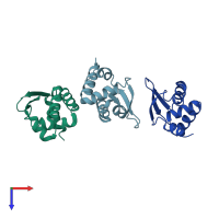 PDB entry 2b0l coloured by chain, top view.