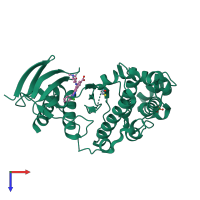 Monomeric assembly 1 of PDB entry 2b1p coloured by chemically distinct molecules, top view.