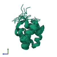 PDB entry 2b1w coloured by chain, ensemble of 10 models, side view.