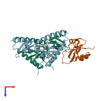 PDB entry 2b2t coloured by chain, top view.