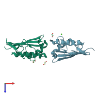 PDB entry 2b33 coloured by chain, top view.