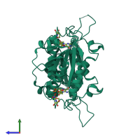 Homo dimeric assembly 1 of PDB entry 2b3d coloured by chemically distinct molecules, side view.