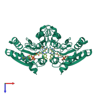 Homo dimeric assembly 1 of PDB entry 2b3d coloured by chemically distinct molecules, top view.