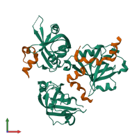 Hetero hexameric assembly 1 of PDB entry 2b3g coloured by chemically distinct molecules, front view.