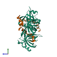 Hetero hexameric assembly 1 of PDB entry 2b3g coloured by chemically distinct molecules, side view.